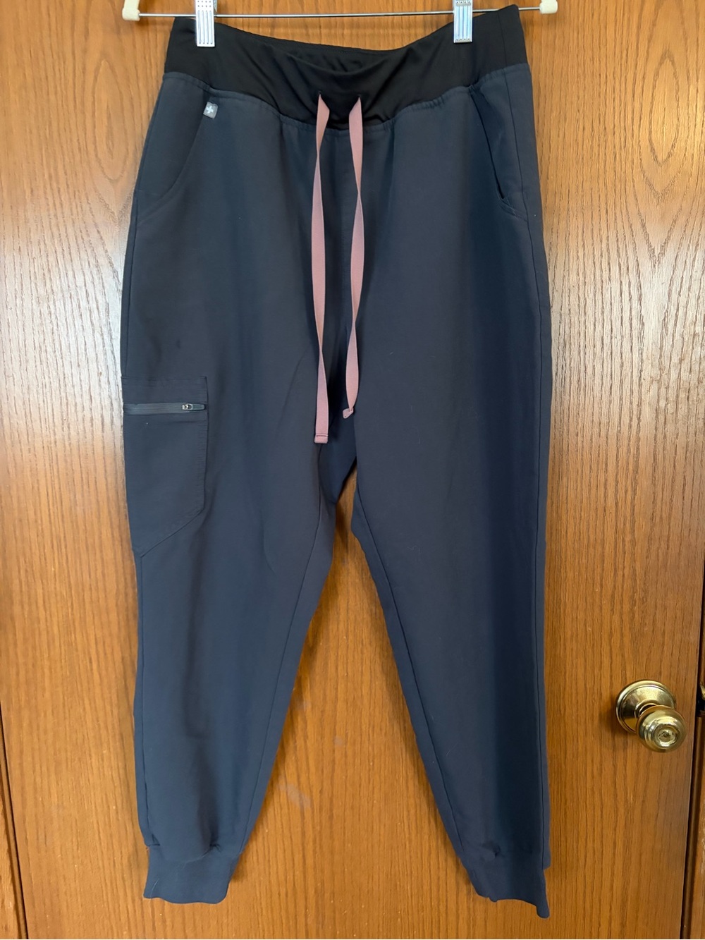 Figs Charcoal Gray Jogger Scrubs with Pink Drawstring